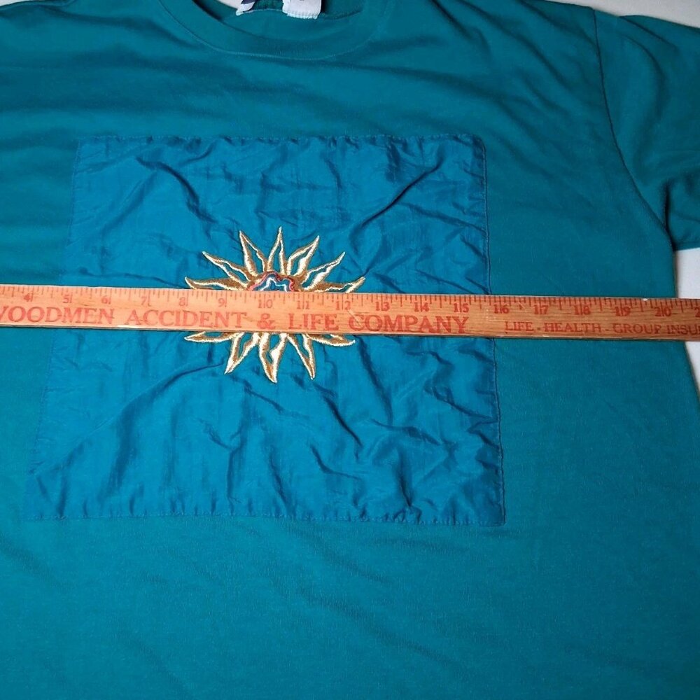 Vintage 1990s Bold Spirit Shirt Women Medium Turquoise Gold Sun Patch Celestial - Picture 3 of 13